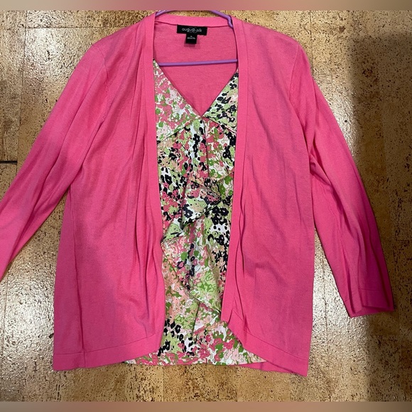 Think Spring ! August Silk Cardigan Attached Shell Floral Pink Green Size L - Picture 9 of 14